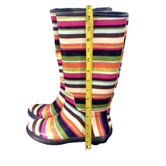 COACH Multi Stripe Mid Calf Rain Boots w Low Heel and Navy Lining Sz 7 - Picture 9 of 12